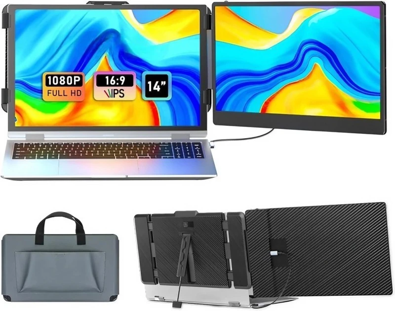V2COM S1 Dual 14″ FHD IPS Laptop Monitor Extender, USB‑C/HDMI Plug‑and‑Play, 180° Rotation, Built‑in Speakers, Eye‑Care Display