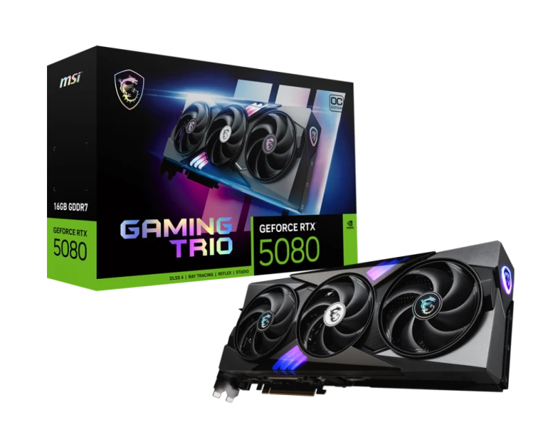 MSI GeForce RTX 5080 GAMING TRIO OC, 16GB GDDR7, 256-bit, 30 Gbps, 2715 MHz Boost, 10752 CUDA Cores, DLSS 4, PCIe 5.0, Blackwell Architecture