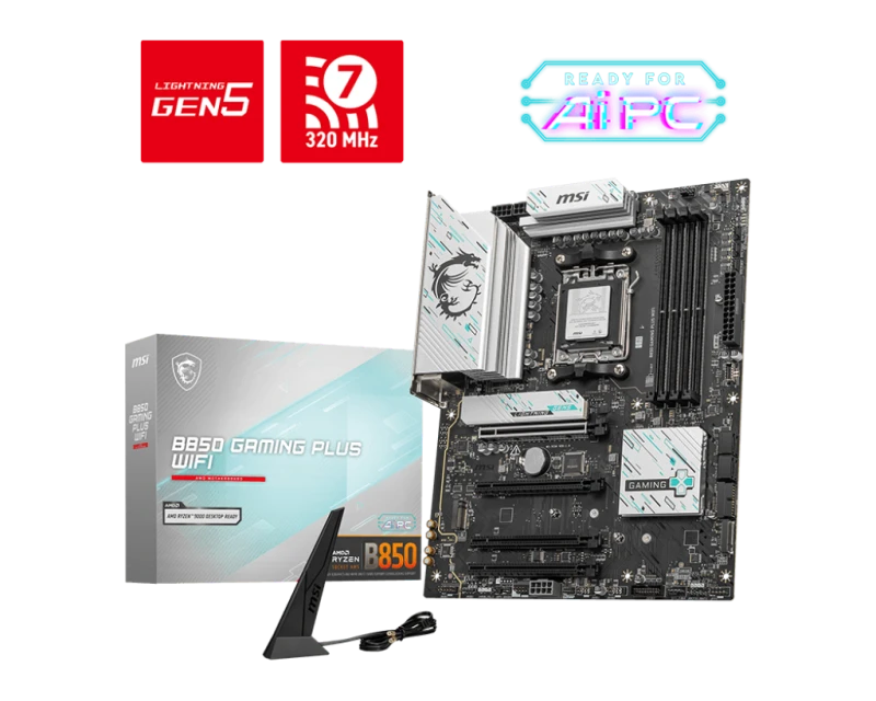 MSI B850 Gaming Plus WiFi AM5 ATX Motherboard, AMD B850 Chipset, 4x DDR5 UDIMM Slots, Up to 256GB Max Memory, 4x PCIe x16 Slots, 3x M.2 Slots, WiFi & BT Connectivity | 911-7E56-001