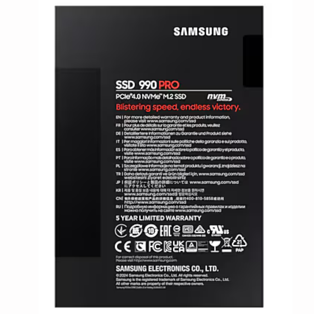 Samsung 990 Pro 2 TB NVMe Form Factor M.2 Internal SSD, PCIe Gen 4.0 x4, NVMe 2.0 Interface, 7450 MB/s Sequential Read Speed, 6900 MB/s Sequential Write Speed, 3.3 Voltage, V-NAND 3-bit MLC | MZ-V9P2T0BW