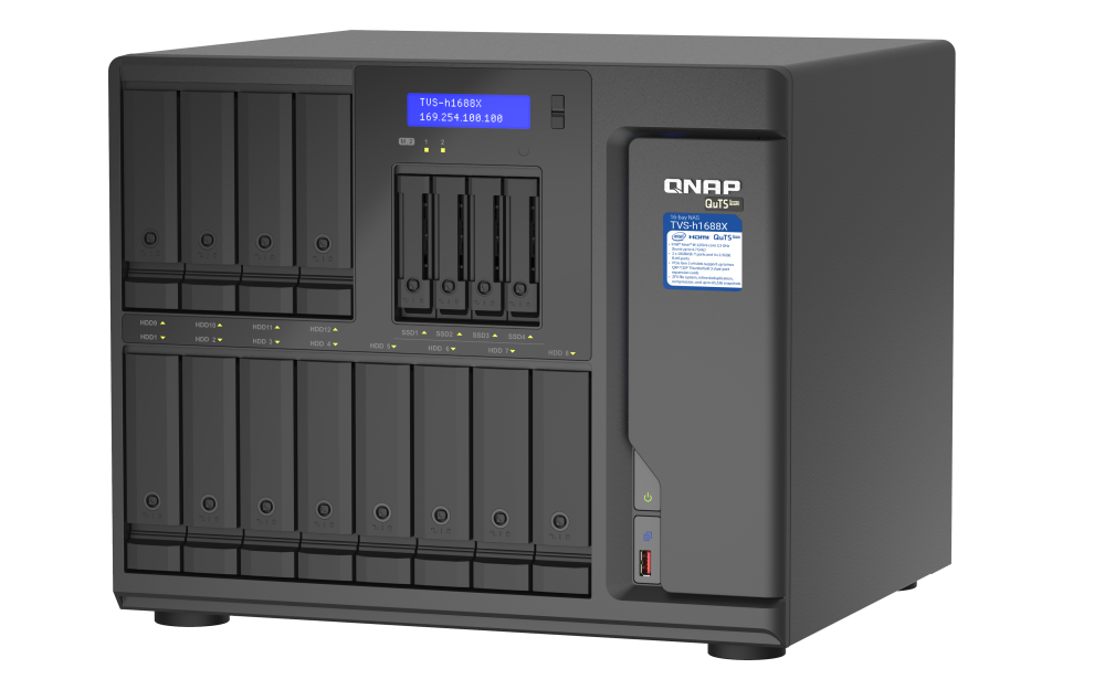 QNAP TVS-H1688X-W1250-32, Intel Xeon W-1250 6-core/12-thread processor, up to 4.7 GHz, 32GB ECC UDIMM DDR4 (2 x 16 GB)