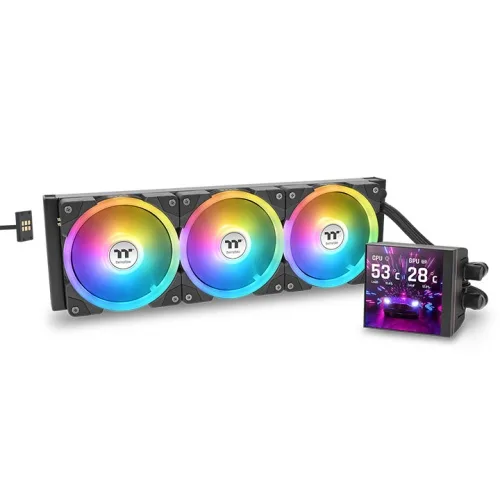 Thermaltake MAGFloe 360 Ultra ARGB 360mm AIO Liquid CPU Cooler, LCD Display, 3x SWAFAN EX Fans, PWM 1500–3300 RPM, Intel/AMD, Black
