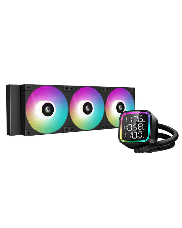 DeepCool LD360 360mm Liquid CPU Cooler, Multiline LED Display, Real-Time CPU Status, 3x 120mm FD12 ARGB Fans, 2400 RPM, 72.04 CFM Airflow, Black | R-LD360-BKMSN-G-1