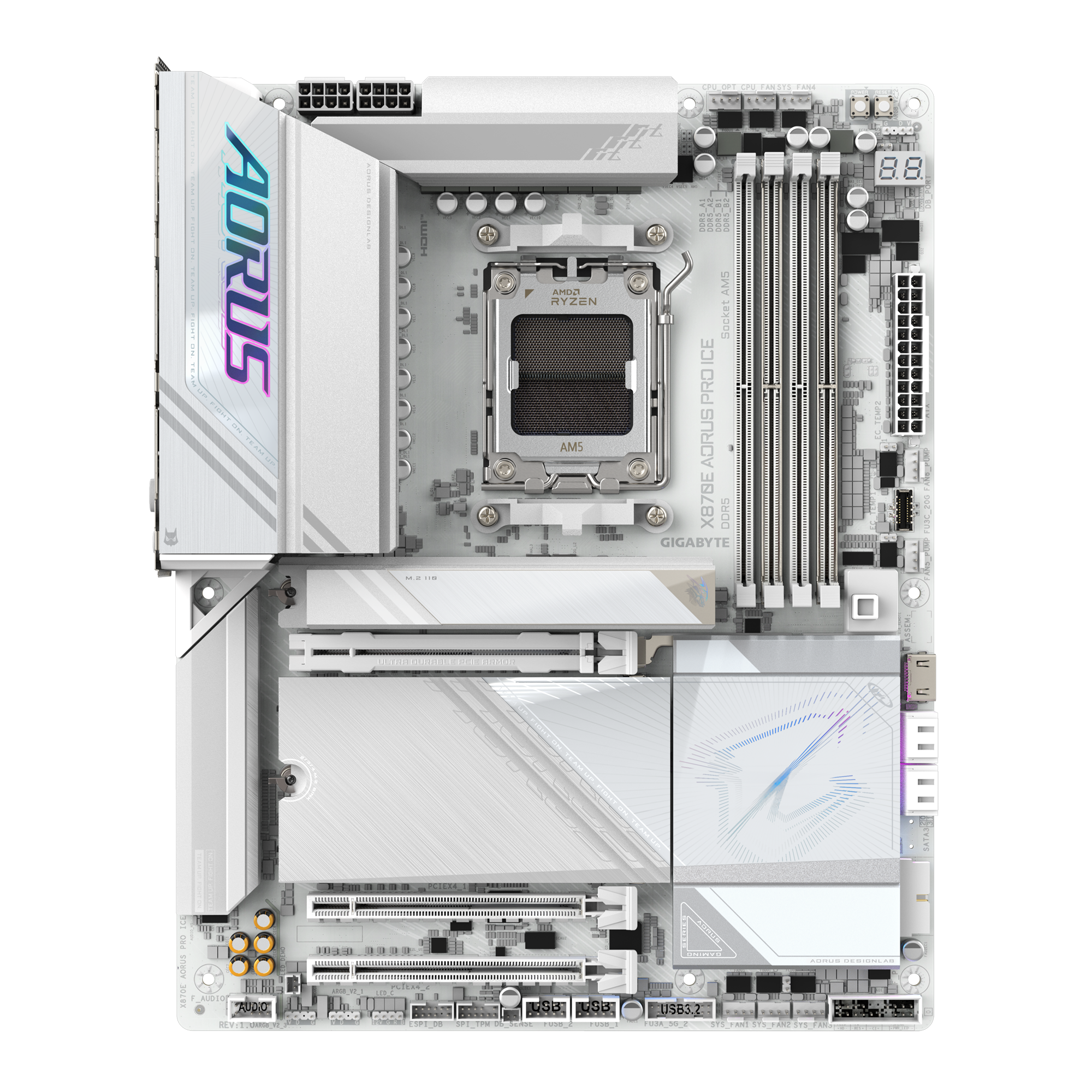 Gigabyte X870E AORUS PRO ICE White AM5 Motherboard – DDR5, 4×M.2, PCIe 5.0 x4 Slots, Wi‑Fi 7, USB4, 2.5GbE LAN – High‑Performance ATX