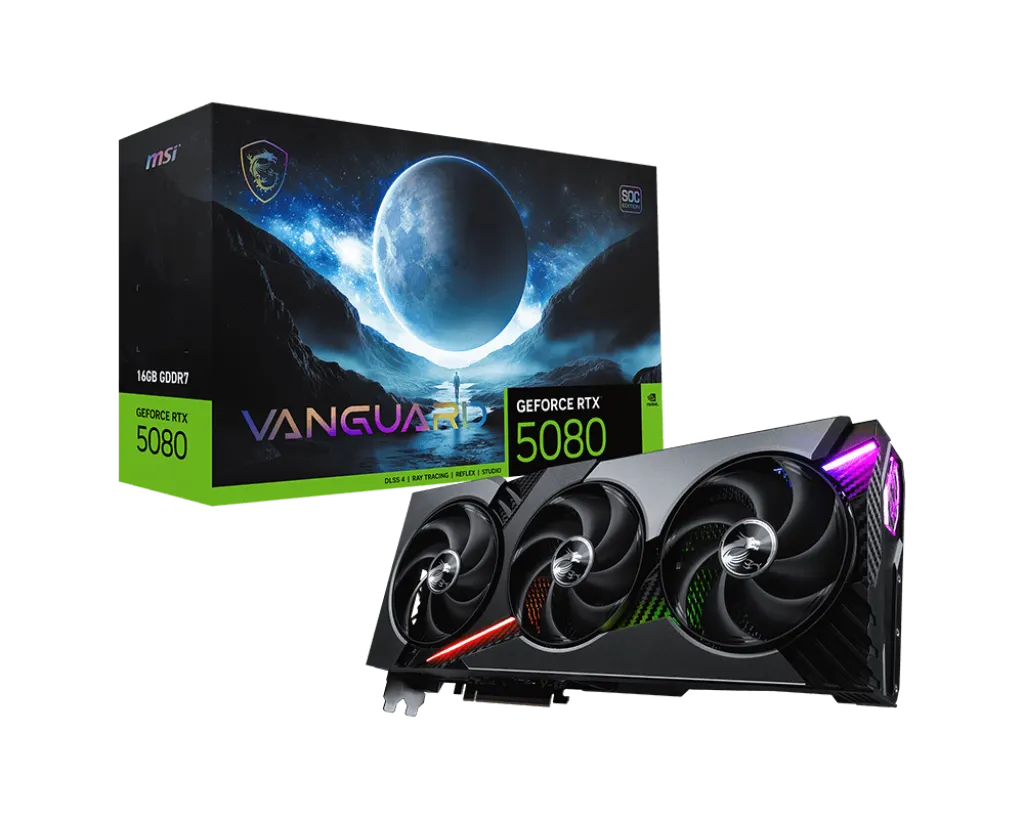 MSI GeForce RTX 5080 VANGUARD SOC 16GB GDDR7 Graphics Card, DLSS 4, Blackwell Architecture, Dual BIOS, Advanced Vapor Cooling – 912-V531-032
