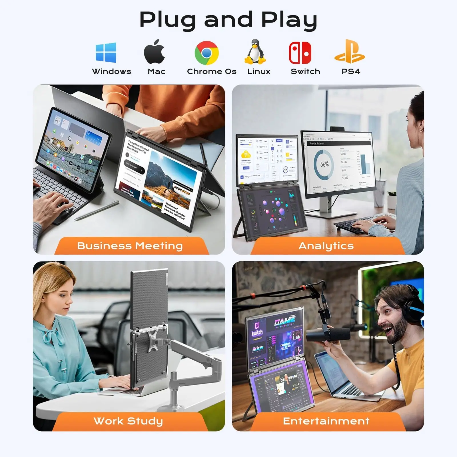 V2COM Dual 15.6" Full HD Laptop Screen Extender, 1080P IPS Folding Monitor, 330° Adjustable, Plug & Play, Type-C/Mini HDMI, Compatible with Windows, Mac, Android, PS5, Xbox, and Switch | M4
