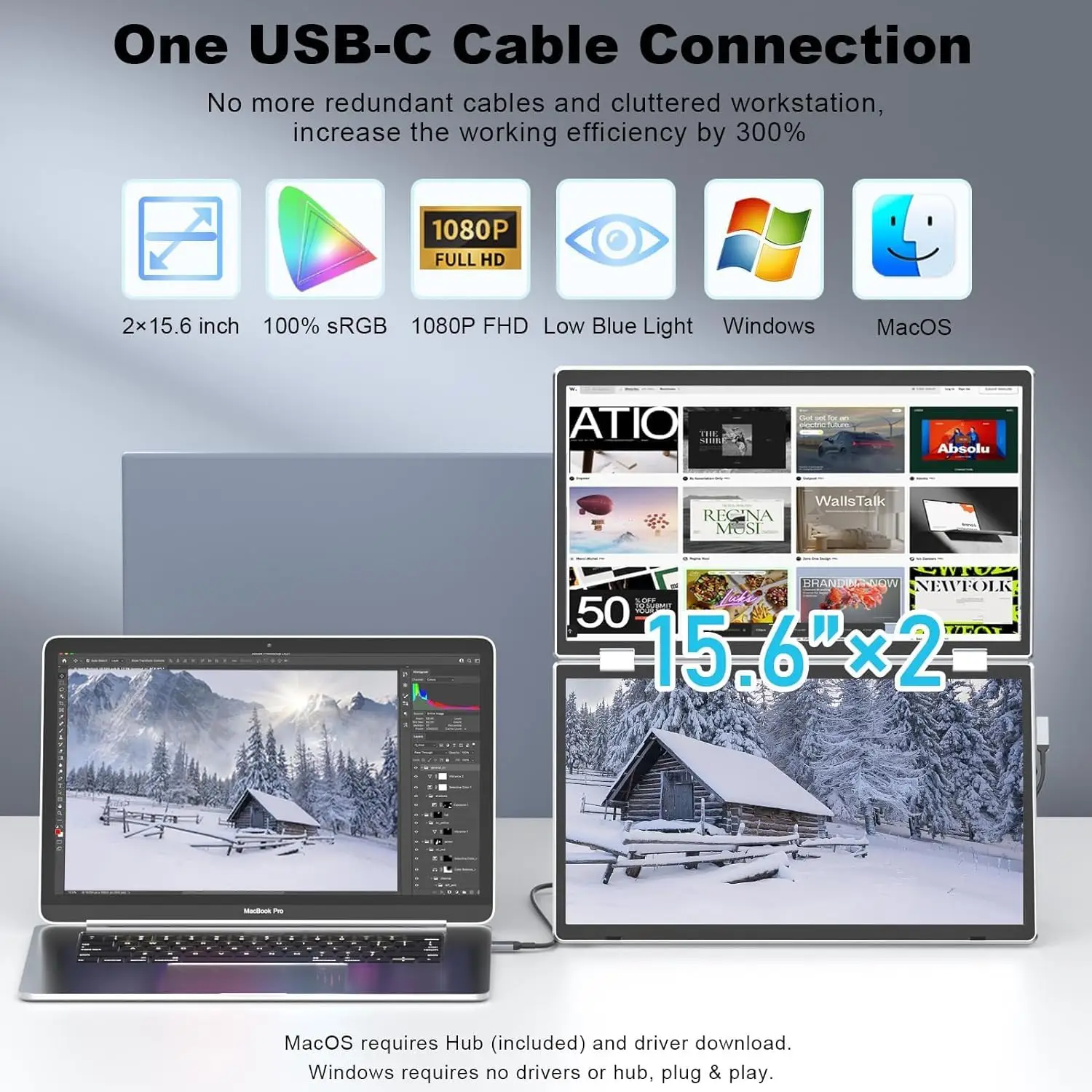 V2COM M2 15.6" Dual Folding Portable Monitor - IPS FHD, 360° Rotation, USB-C & HDMI, Metal Frame
