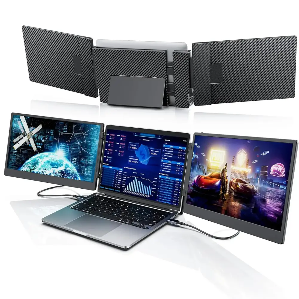 V2COM S3 Triple 14″ FHD IPS Laptop Screen Extender, USB‑C & HDMI Plug‑and‑Play, 300 nits Brightness, 180° Rotation, Built‑In Speakers