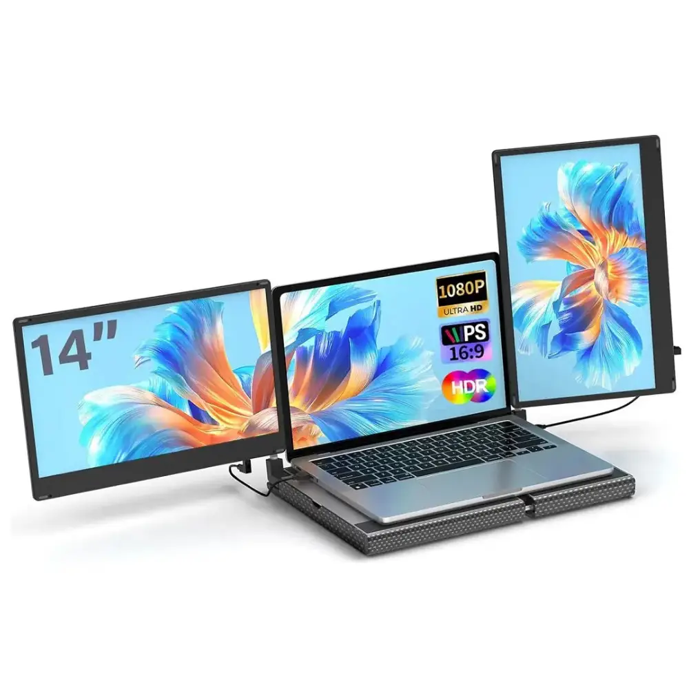 V2COM F3 14″ Triple Laptop Monitor Extender, Dual Foldable Full HD Screens, IPS, USB-C & HDMI, 270° Rotation, macOS/Windows Compatible
