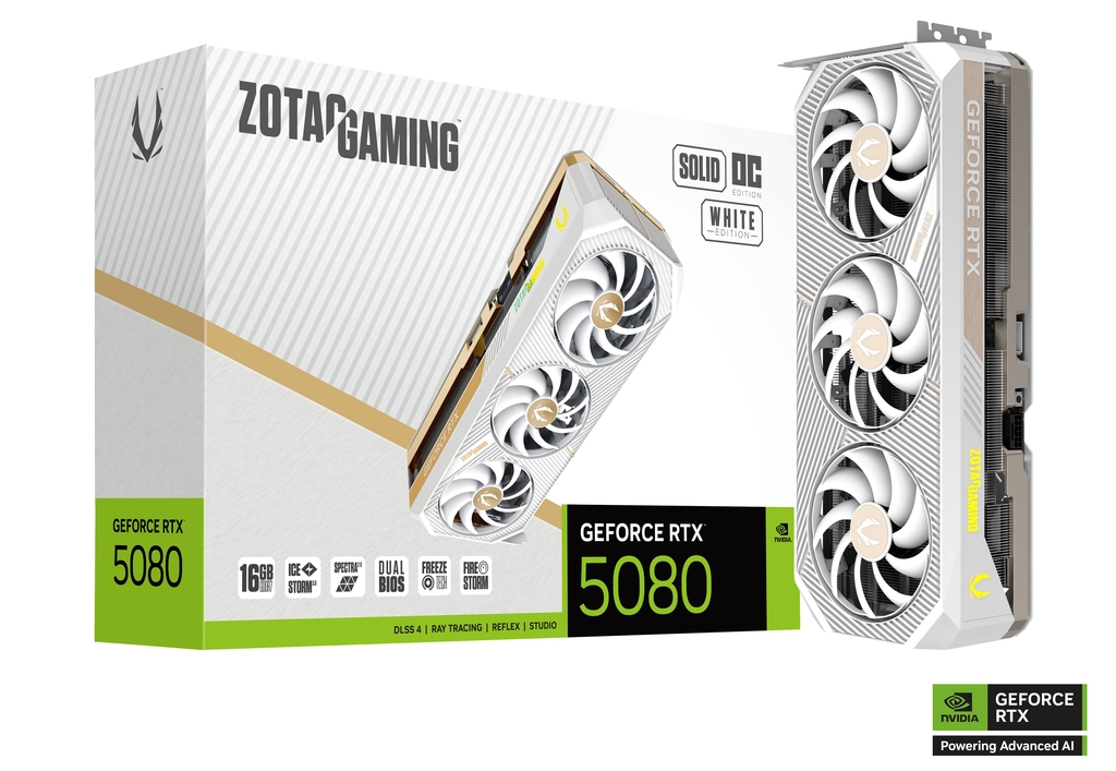 ZOTAC GAMING GeForce RTX 5080 SOLID OC White Edition Graphic card, 16GB GDDR7, 30 Gbps 256-bit, 10752 CUDA cores, PCI Express 5.0 x16, NVIDIA Blackwell architecture and DLSS 4 | ZT-B50800Q-10P