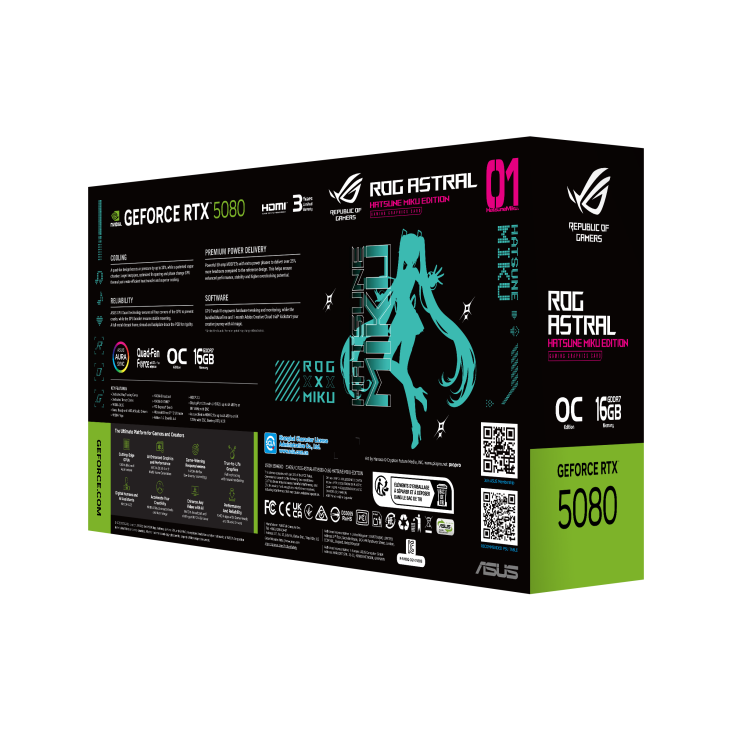 ASUS ROG Astral GeForce RTX 5080 16GB GDDR7 OC HATSUNE MIKU EDITION Graphics Card (GPU), 1801 AI TOPs, PCI Express 5.0, 30 Gbps 256-bit, 10752 CUDA Cores | 90YV0LV9-M0NM00