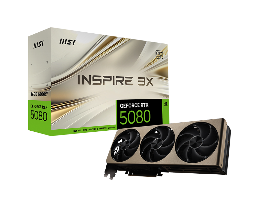 MSI NVIDIA GeForce RTX 5080 16G INSPIRE 3X OC Graphics card, 16GB GDDR7, 30 Gbps, 256-bit, 10752 CUDA Cores Units, Blackwell Architecture | 912-V531-203