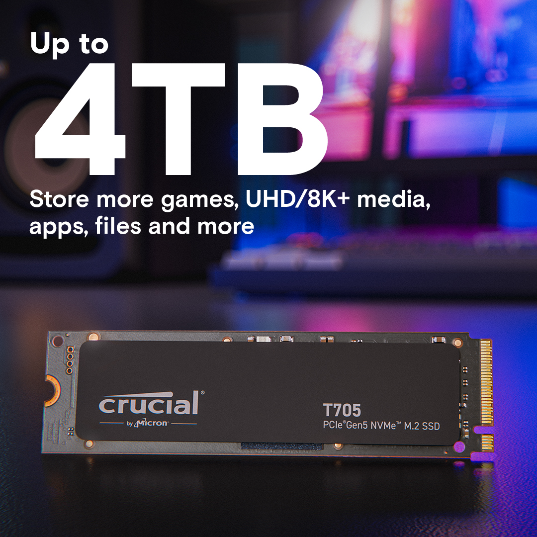 Crucial T705 4TB PCIe Gen5 NVMe M.2 SSD, 14,100 MB/s Sequential Read | CT4000T705SSD3