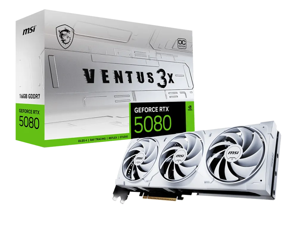 MSI NVIDIA GeForce RTX 5080 16G VENTUS 3X OC WHITE Graphics Card, 16GB GDDR7, 30 Gbps 256-bit, 10752 Units CUDA CORES, DLSS 4 | 912-V531-202