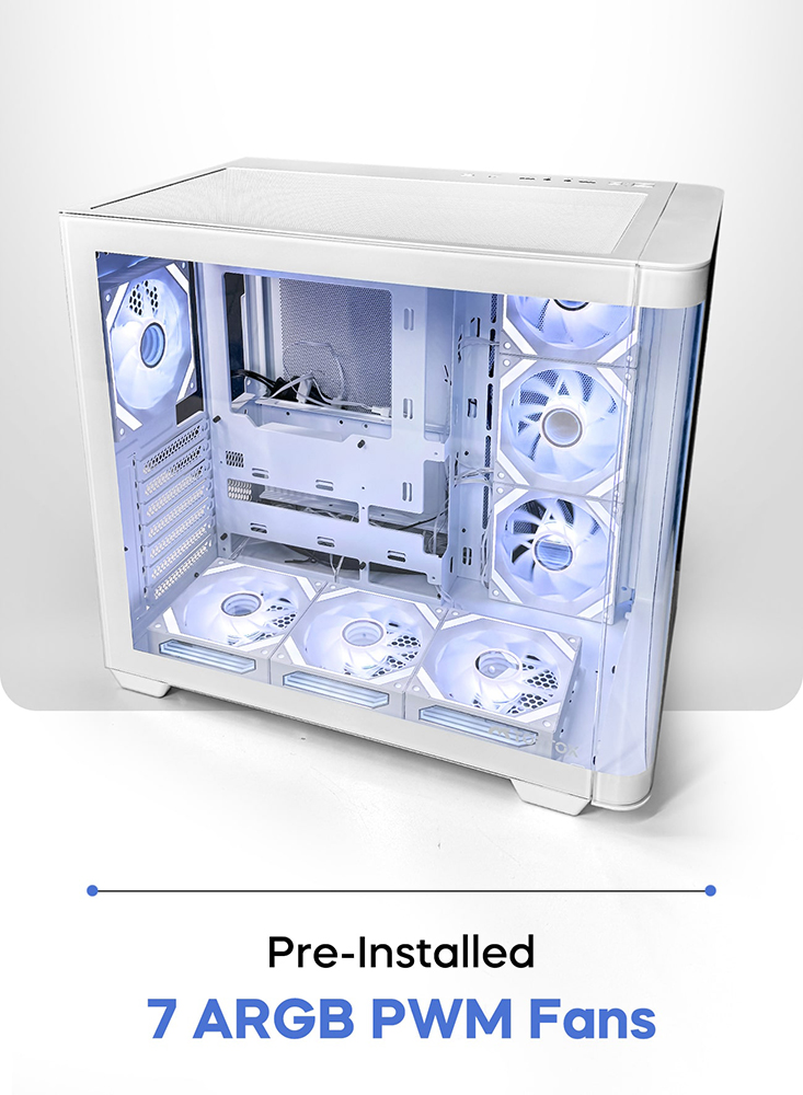 Tortox Curvo Gaming PC White Case ATX/M-ATX/ITX Gaming PC Case with 7x 120mm ARGB PWM Case Fans, 360MM Radiator Support, Type-C USB Port