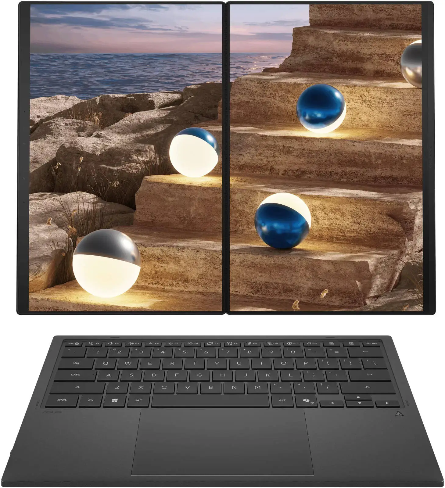 ASUS ZENBOOK DUO UX8407AA-U9321W Laptop, Intel Core Ultra 9 386H, 32GB RAM, 1TB SSD, 14.0" 3K OLED Touch Screen 144Hz, Intel Arc Graphics, Windows 11 Home, Eng-Arab K/B, Grey + Sleeve, Stylus |90NB16V1-M00W40