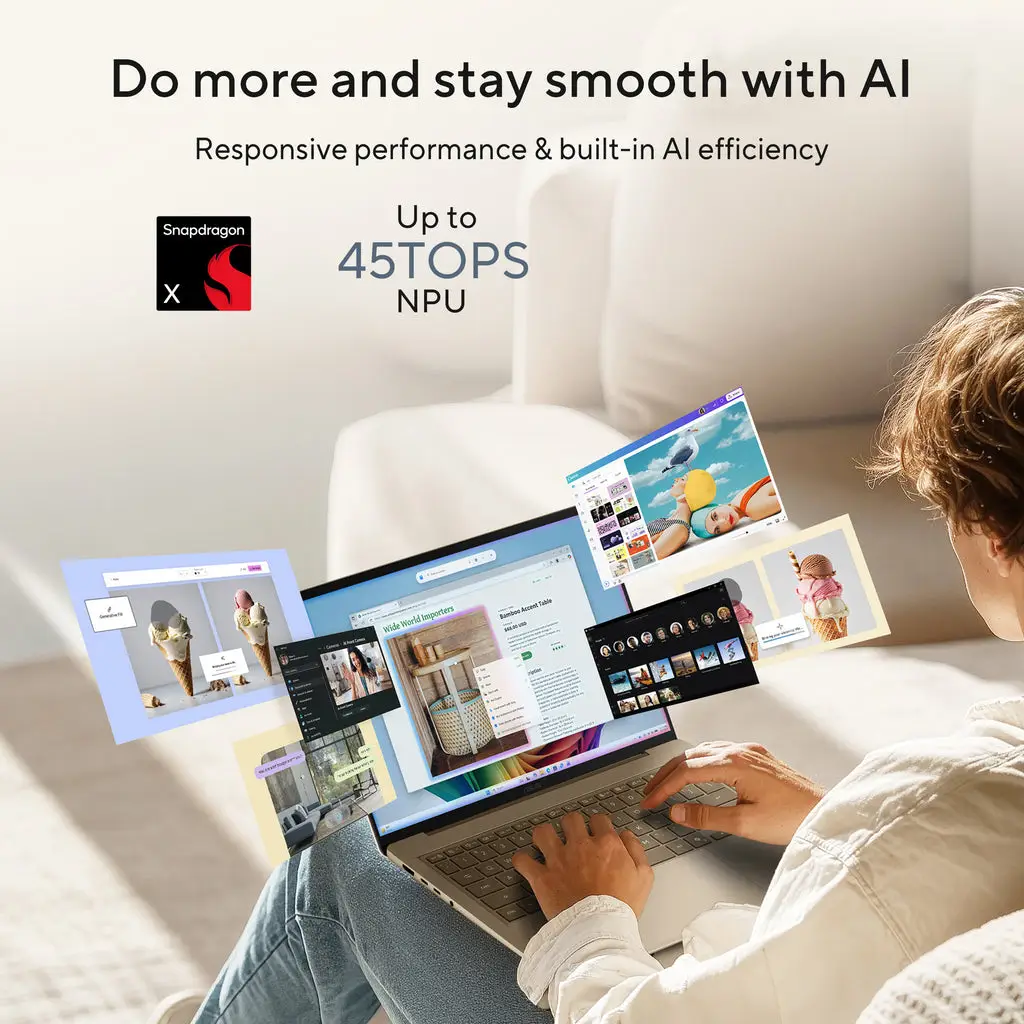 ASUS Zenbook 14 UX3480QA Laptop, 14.0" WQXGA OLED Screen, Snapdragon X X1-26-100, 16GB RAM, 512GB SSD, Qualcomm Adreno GPU, English-Arabic K/B, Win11 Home, Arctic Blue | 90NB19K1-M002S0