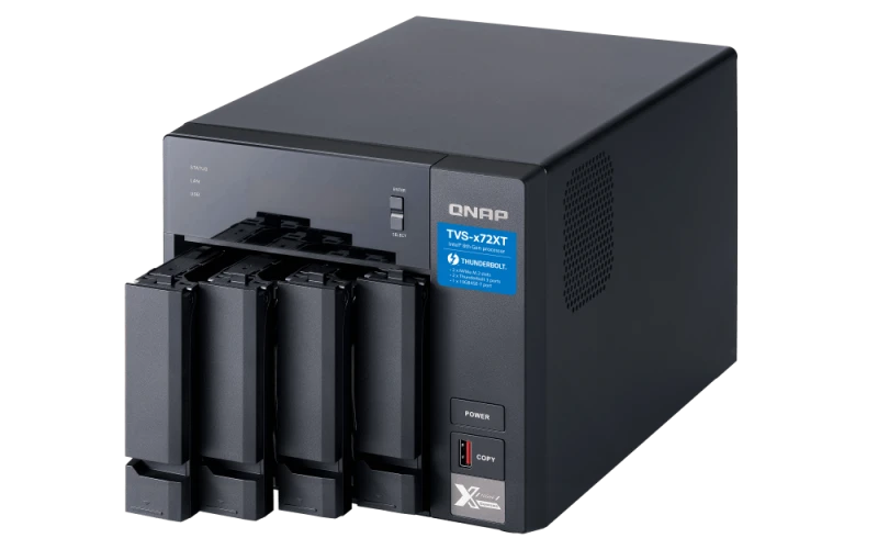 QNAP 4 Bay Thunderbolt NAS Enclosure - Intel Pentium G5400T Dual-Core 3.1 GHz, With 4GB RAM, 10GbE, Gigabit Ethernet, M.2 PCIe NVMe SSD Slots, Up to 1158 MB/s File Transfer Speeds, Black | TVS-472XT