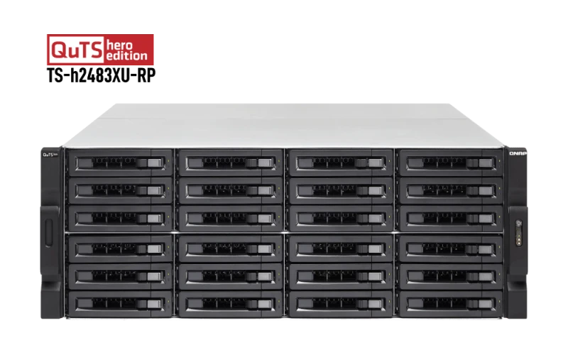 Qnap TS-h2483XU 24-Bay 4U Rackmount NAS - Intel Xeon E E-2136 CPU, 128 GB DDR4 Memory, 24 x 3.5-inch SATA 6Gb/s Drive Bay, 4 Gigabit Ethernet Port, 5 PCIe Slot, 800W Power Supply Unit | TS-h2483XU-RP-E2136-128G