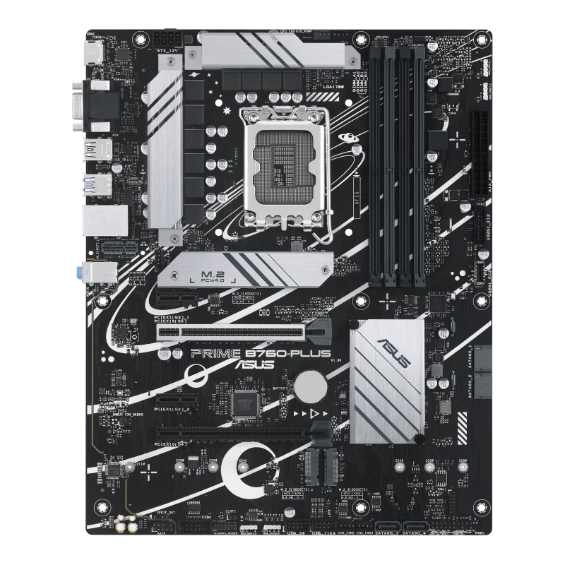 ASUS Prime B760-PLUS, an Intel® B760 LGA 1700 ATX motherboard with PCIe 5.0, three PCIe 4.0 M.2 slots, DDR5, Realtek 2.5Gb Ethernet, |