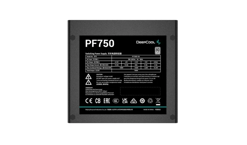 DeepCool PF750 750 W Power Supply, ATX 12 V v2.4, 80 PLUS Standard (85%), 120 mm Hypro Bearing Fan, Flat Black Cables