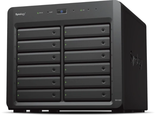 Synology DX1222 12-Bay Expansion Unit - 12 x 3.5" or 2.5" SATA Drive Bays, 1 x Mini-SAS HD Port, Supports Hard Drives and SSDs, Seamless Storage Expansion, For DS3622xs+ & DS2422+, Black | DX1222