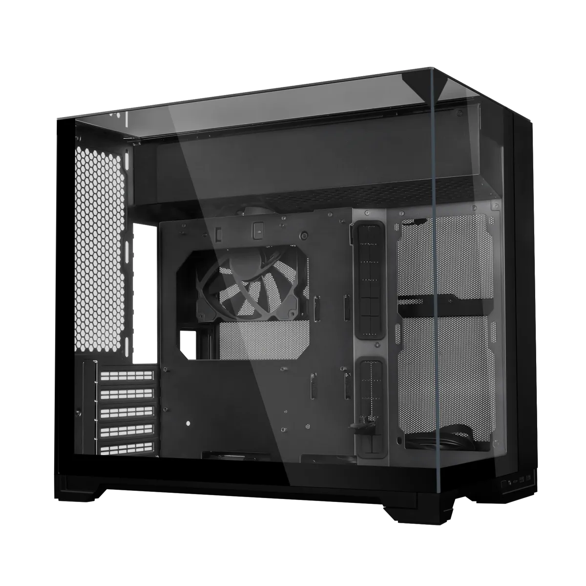 Lian Li O11 Vision-M Black Micro-ATX Dual Chamber Gaming Case, 3-Sided Tempered Glass, Up to 410mm GPU, No Fans (Main Chamber), Type-C, Black | G99.O11VMX.00