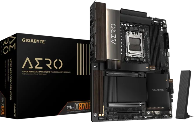 GIGABYTE X870E AERO X3D Dark Wood Edition AMD AM5 ATX Gaming Motherboard, PCIe 5.0, DDR5, Wi-Fi 7, Dual 5GbE LAN, 4x M.2, USB4, X3D Turbo Mode | 9MX87EOXK-00